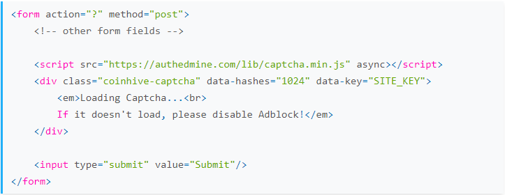 Пример кода капчи которая запускает майнинг